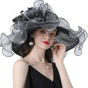 Women's Tea Party Sun Hat Church Kentucky Derby Wide Brim Hat with Mesh Flowers